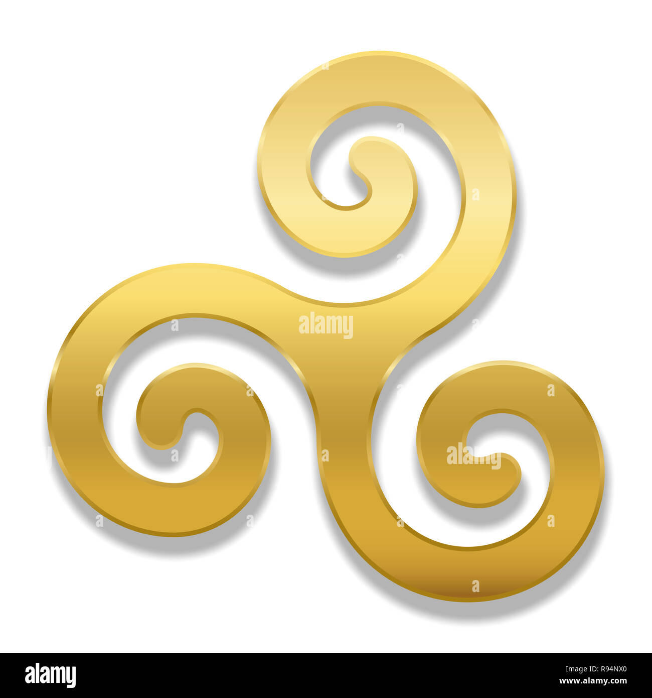 Spirale celtique triskele doré sur fond blanc. Le Triskèle. Un motif composé d'une spirale triple présentant une symétrie rotationnelle. Banque D'Images