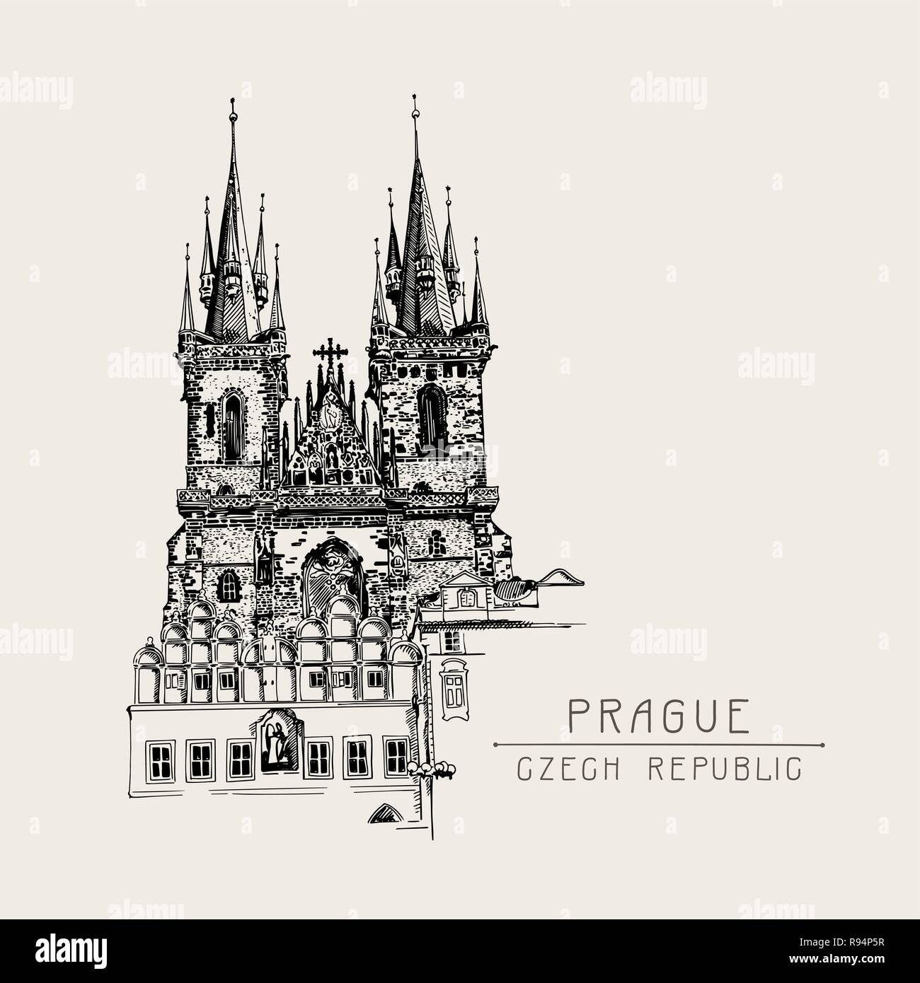 Carte de voyage noir avec esquisse d'église Notre Dame avant Illustration de Vecteur