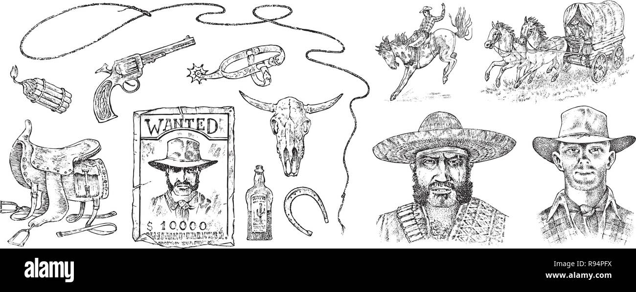 Jeu de cow-boys. Les icônes de l'Ouest, Texas Ranger les équipements. Wild West. Vintage Engraved part croquis. Portrait d'un homme criminel, Sheriff et selle, le crâne d'un taureau, fouet et revolver piège. Illustration de Vecteur
