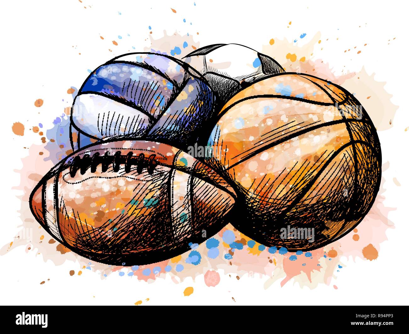 Boules Sport football basket-ball volley-ball à partir de la collection d'une touche d'aquarelle Illustration de Vecteur