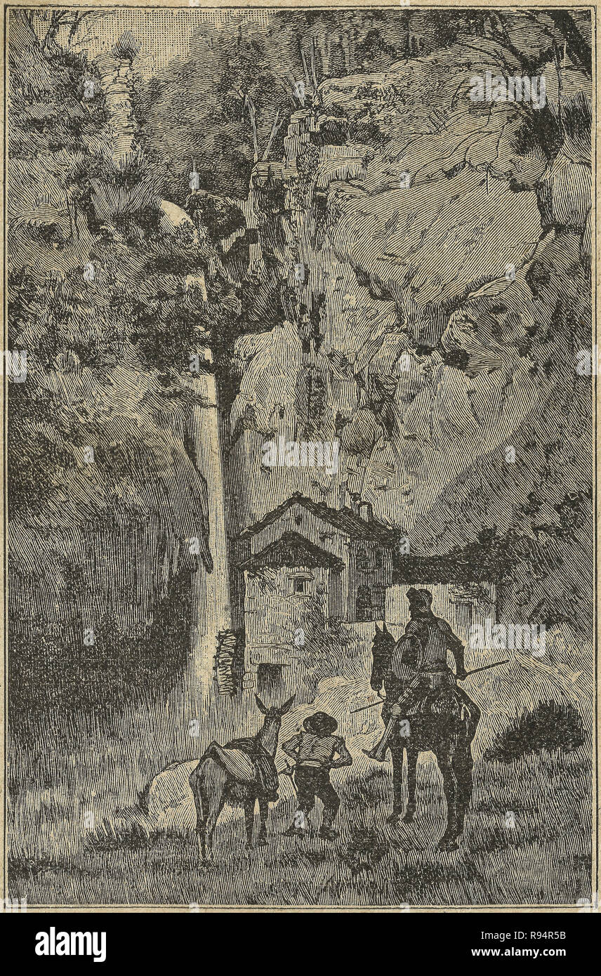 Aventure avec les marteaux à point d'eau. Don Quichotte scène de roman. Illustration de S. Calleja Edition publiée, 1916. Banque D'Images