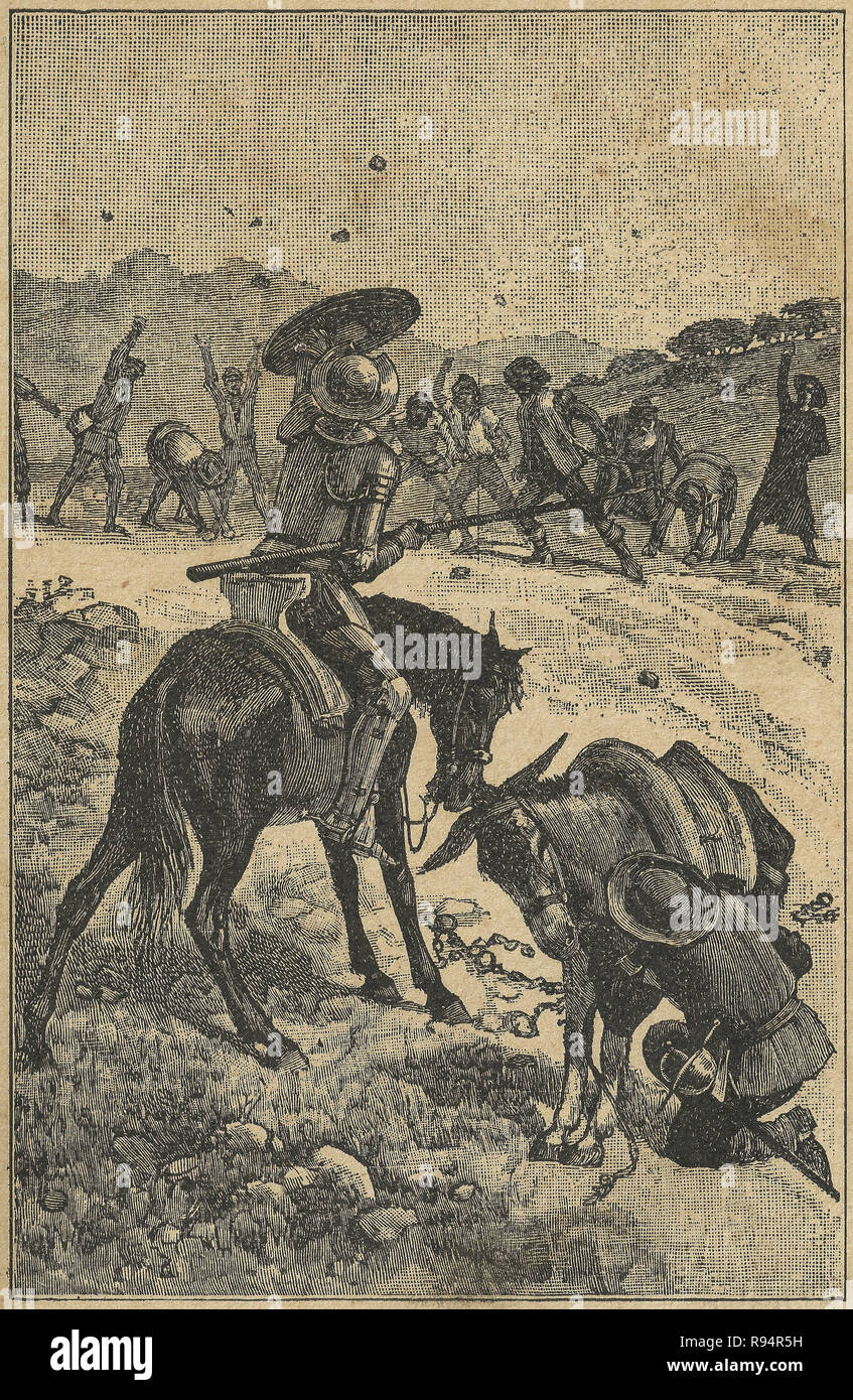 Chaîne d'aventure des esclaves de la cuisine. Don Quichotte scène de roman. Illustration de S. Calleja Edition publiée en 1916. Banque D'Images