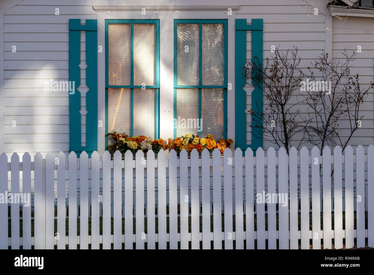 Clôture blanche ; window & boite à fleurs ; Salida, Colorado, USA Banque D'Images