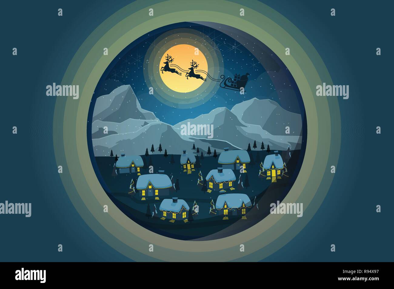 Bannière de bienvenue de Noël en cercle. badge avec rennes sleigh with gift box voler plus de paysage d'hiver nuit. vector illustration Illustration de Vecteur