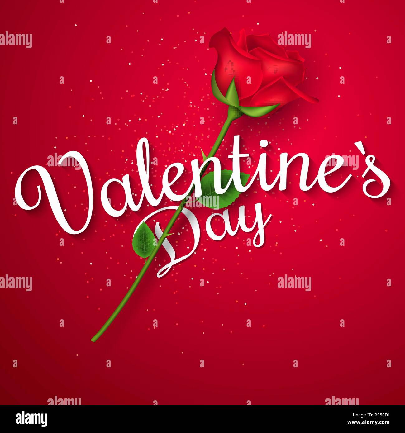 Valentines Day carte de vœux. Rose sur un fond rouge. Calligraphie blanche. Fleur d'amour. Des pétales et des feuilles. Vector illustration. EPS 10 Illustration de Vecteur