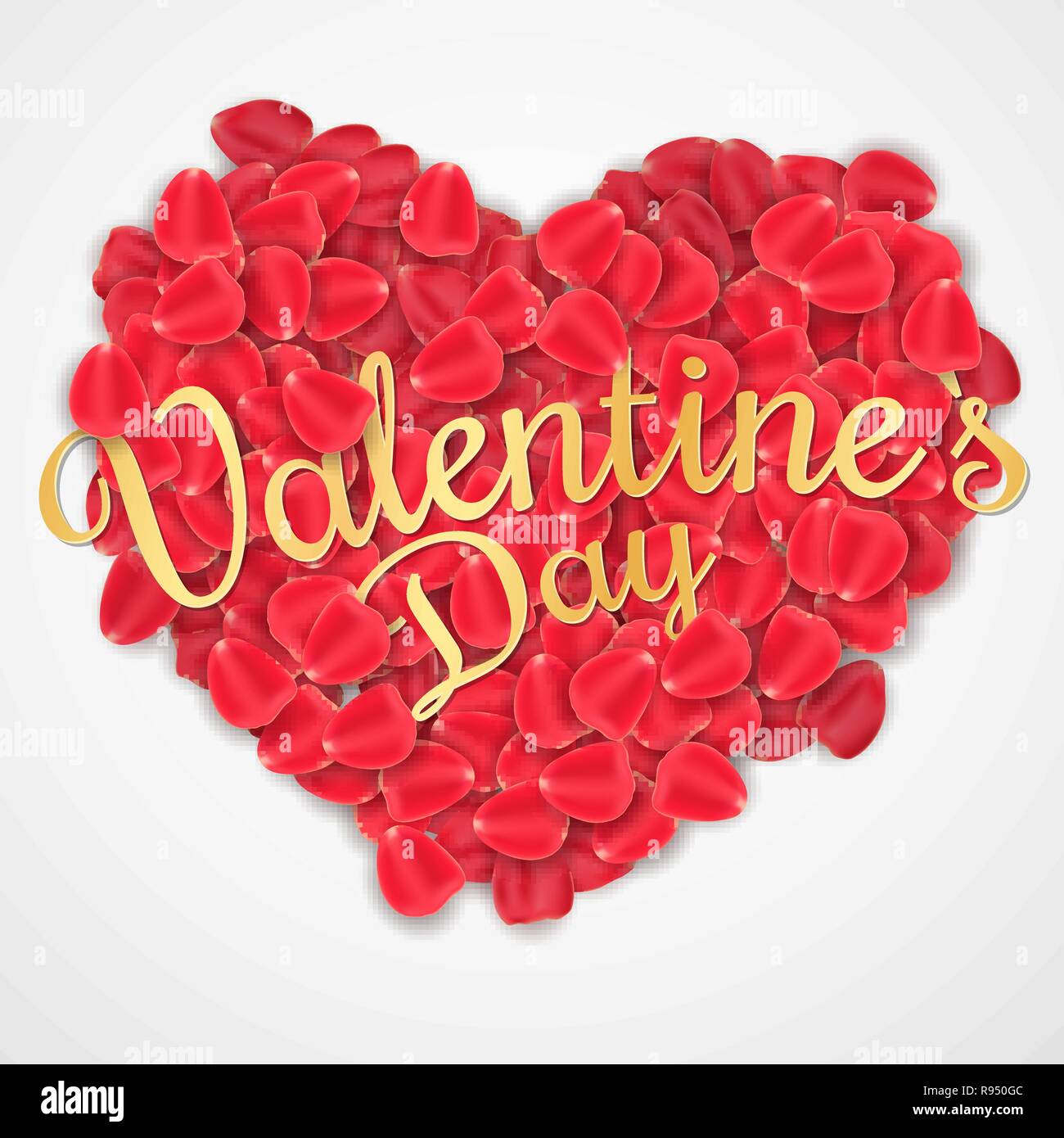 Happy Valentine's Day banner avec golden la calligraphie. Coeur de pétales de rose sur un fond blanc. L'élément graphique romantique. Bannière de fête Web pour le par Illustration de Vecteur