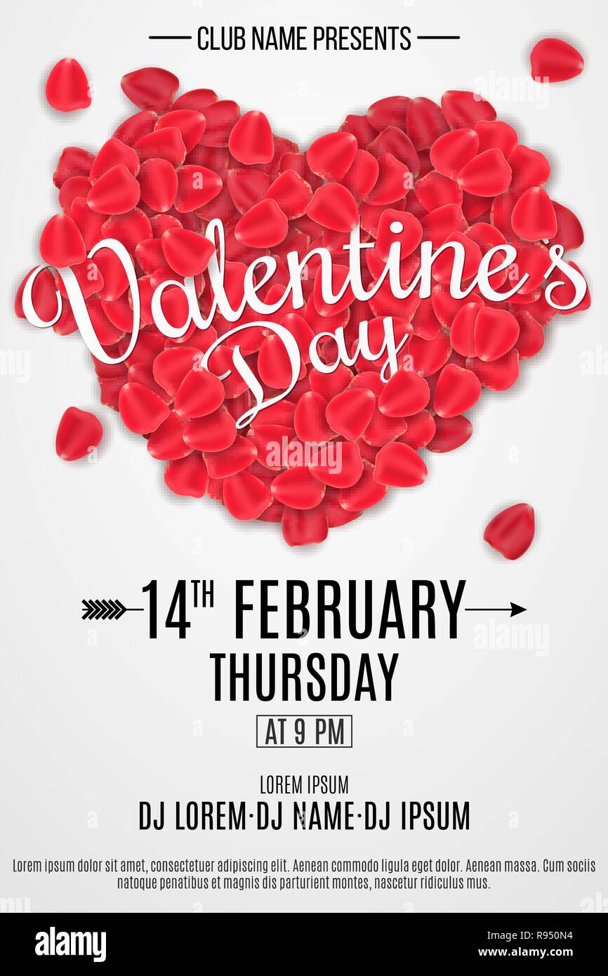 Bonne Saint Valentin flyer pour la partie. Coeur de pétales de rose avec la calligraphie. Éléments graphiques romantique. DJ et le nom du club. Pour l'affiche de la boîte de nuit. Vect Illustration de Vecteur