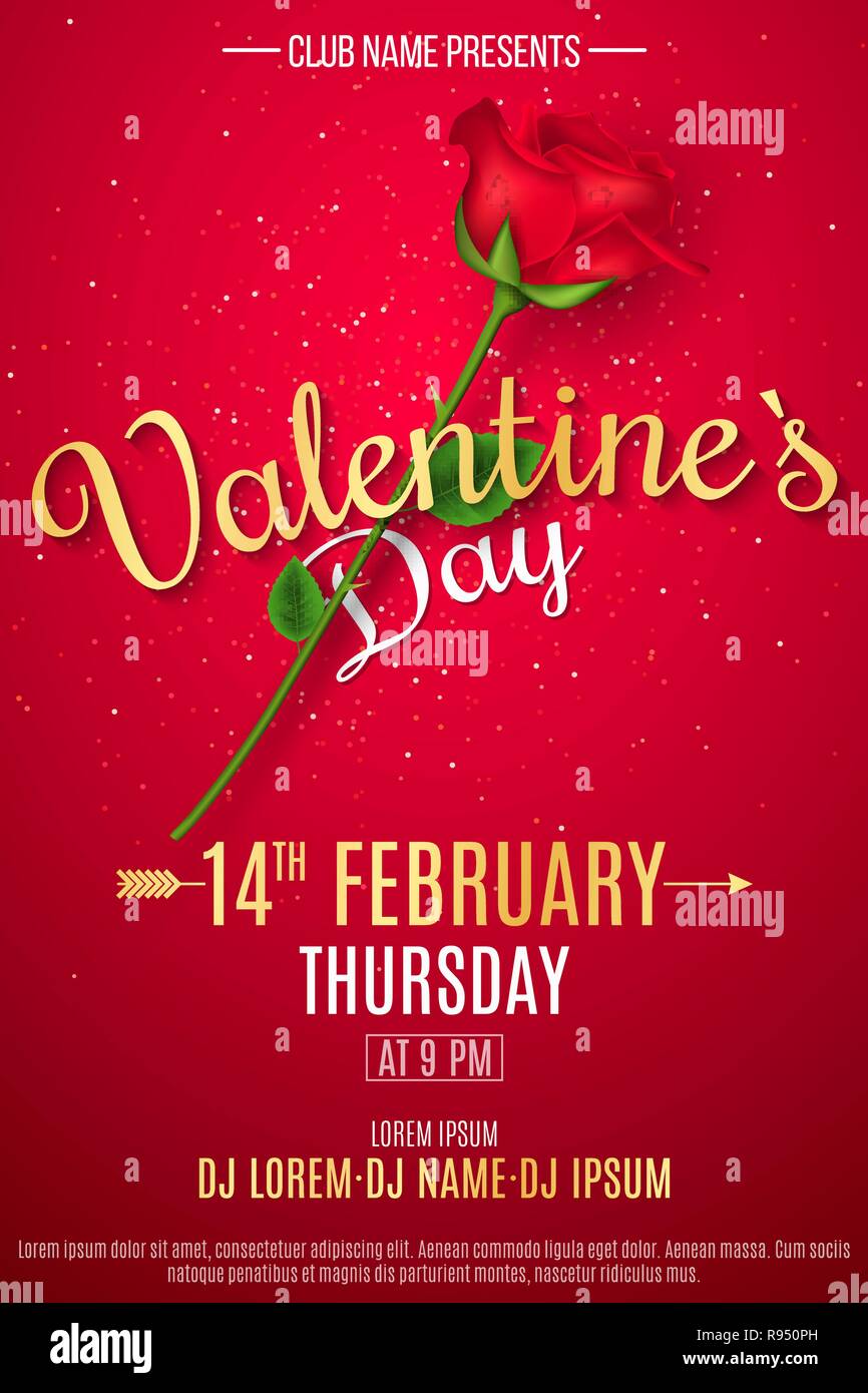 Valentines Day poster pour partie. Rose sur un fond rouge avec texte calligraphié. Paillettes rose. Fleur d'amour. DJ et le nom du club. Flyer web de fête. Vec Illustration de Vecteur