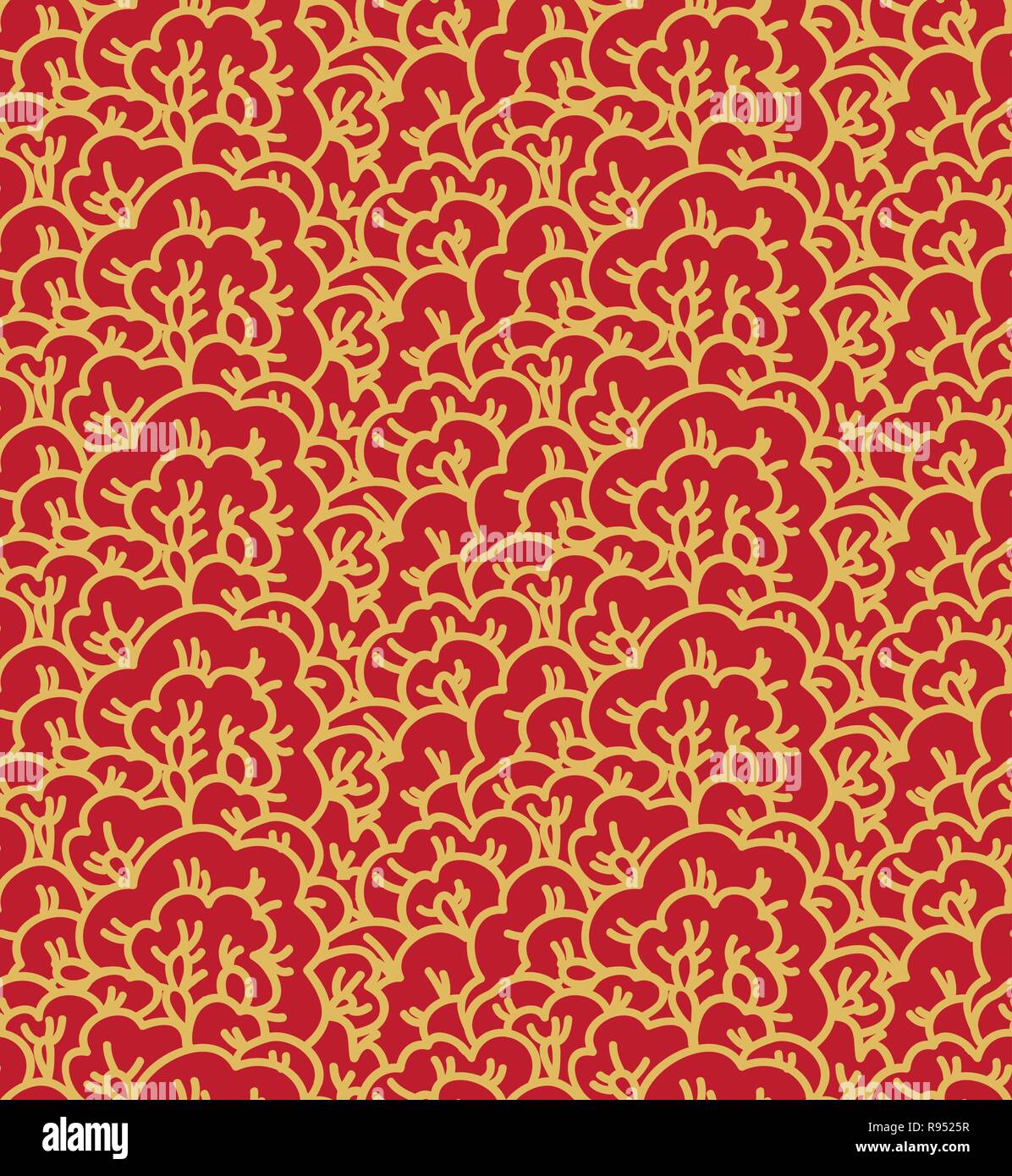 Motif de fleurs sans couture oriental sakura arbre Jaune sur rouge toile décorative ou origami papier background vector festival du printemps Hanami Illustration de Vecteur