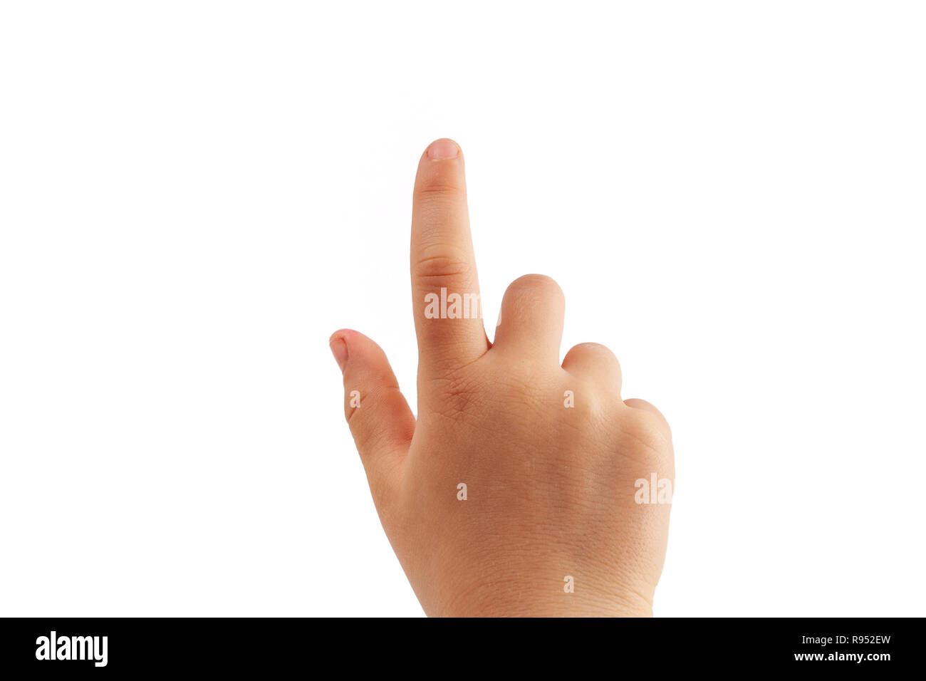 Little girl's tapping main droite avec l'index isolé sur fond blanc Banque D'Images