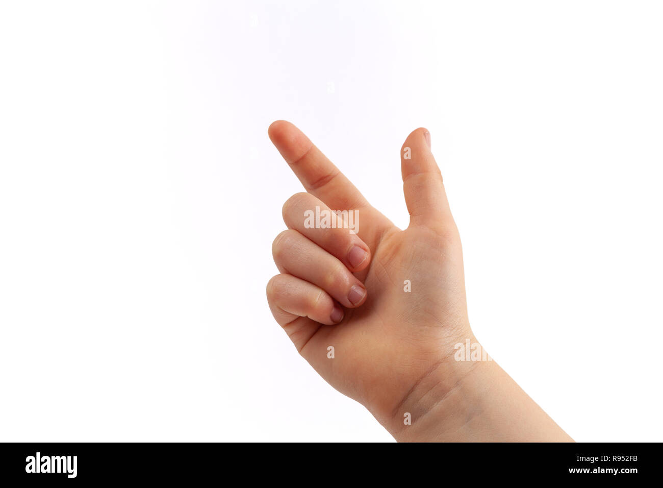La main droite de l'écran en appuyant sur isolated on white Banque D'Images