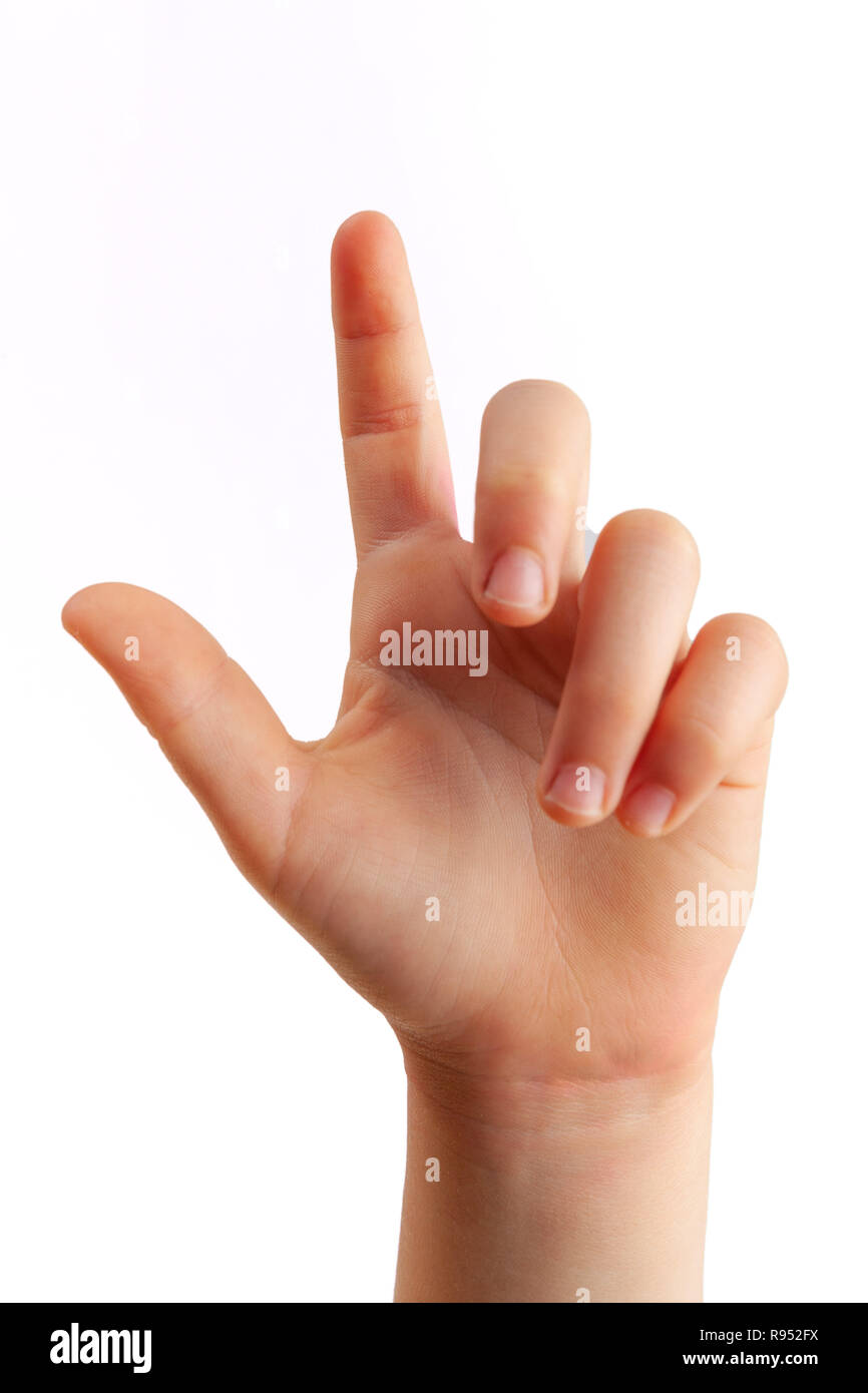 Fille main droite touchant avec index libre - isolé sur fond blanc Banque D'Images