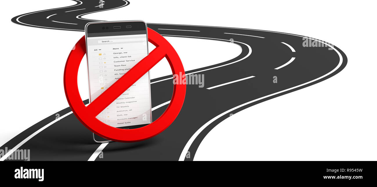 Pas de numérotation, pas de texter au volant. Barré rouge signe et smartphone sur route asphaltée sinueuse, fond blanc, isolé, découpe. 3d illustration Banque D'Images