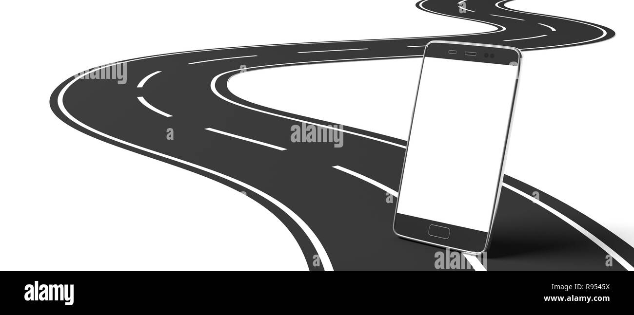 Concept de conduite et de téléphones portables. Smartphone écran vide, billboard immersive, sur route asphaltée sinueuse, fond blanc, isolé, découpe d'espace pour le texte. 3d Banque D'Images