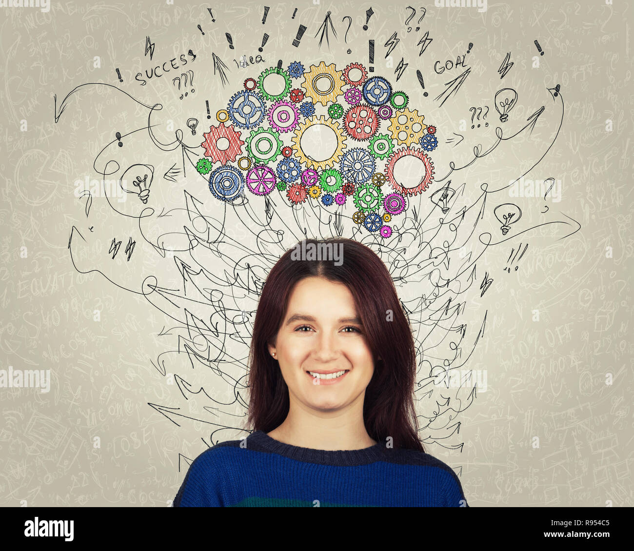 Portrait d'une jeune femme avec cerveau pignon coloré au-dessus de la tête. Professionnels de l'émotion, la pensée positive avec des flèches et des courbes comme pensées. F Concept Banque D'Images
