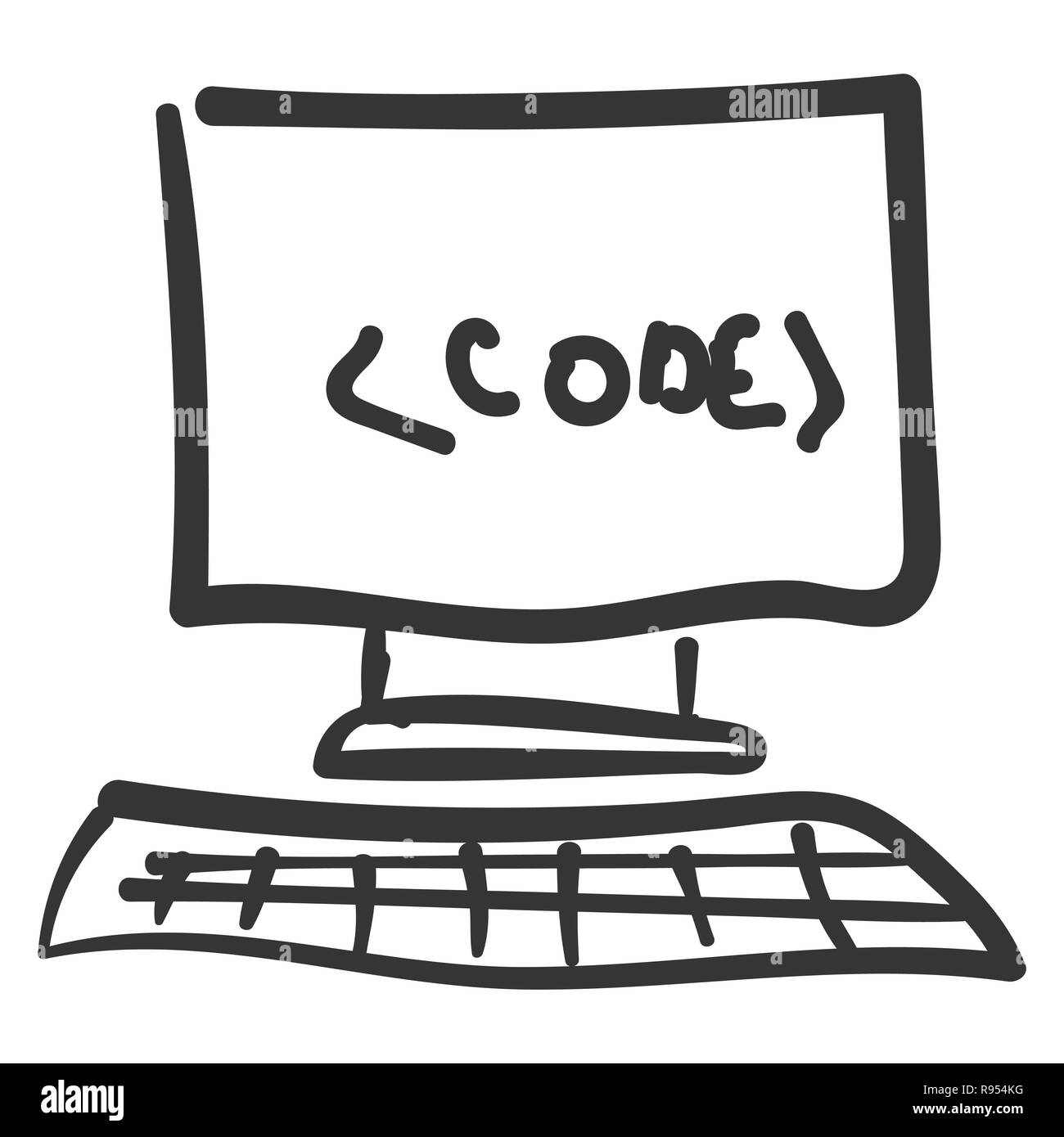 L'écran de l'ordinateur, le code du programme. Dessin pour enfants doodle Banque D'Images
