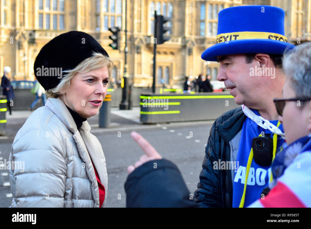 Anna Soubry député (Con : Broxtowe) parler de militant anti-Brexit Steve Bray de SODEM en face de la 19e législature, mai 2018 Banque D'Images