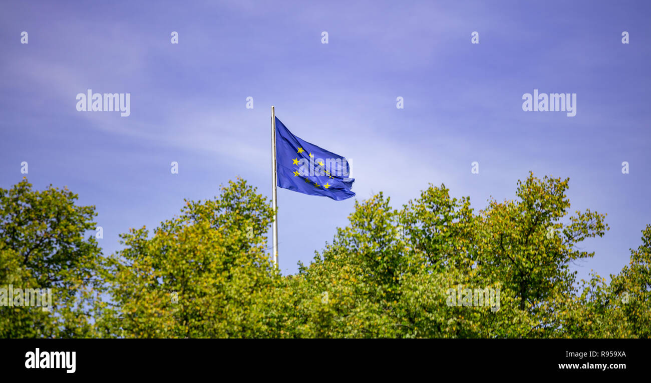 Drapeau de l'UE sur le pôle. Waving Flag de l'Union européenne sur les arbres verdoyants. Fond de Ciel bleu. Banque D'Images