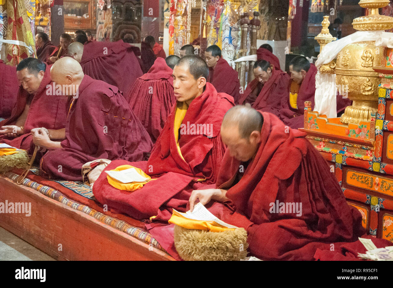 Les moines récitent leurs écritures dans le hall principal du monastère de Ganden, l'extérieur de Lhassa, Tibet, Chine Banque D'Images