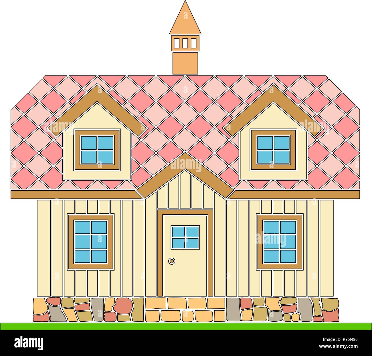 Maison traditionnelle en bois avec un quartier résidentiel grenier. Le toit est couvert de tuiles multicolores. Illustration vecteur de la couleur d'ossature. Illustration de Vecteur