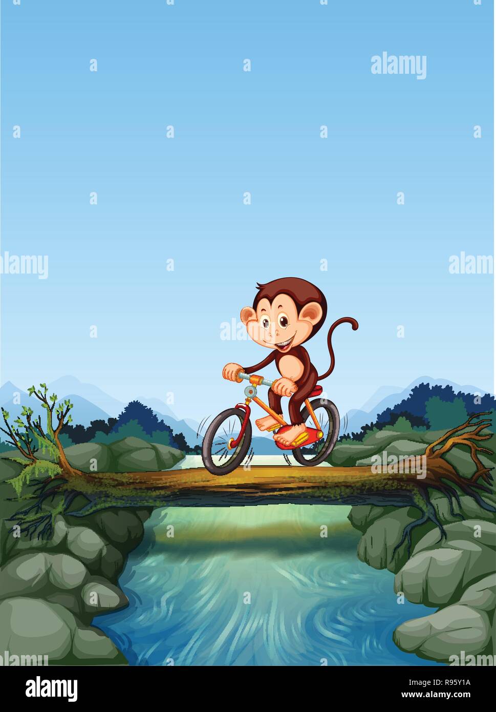 Monkey riding bicycle crossing river illustration Illustration de Vecteur