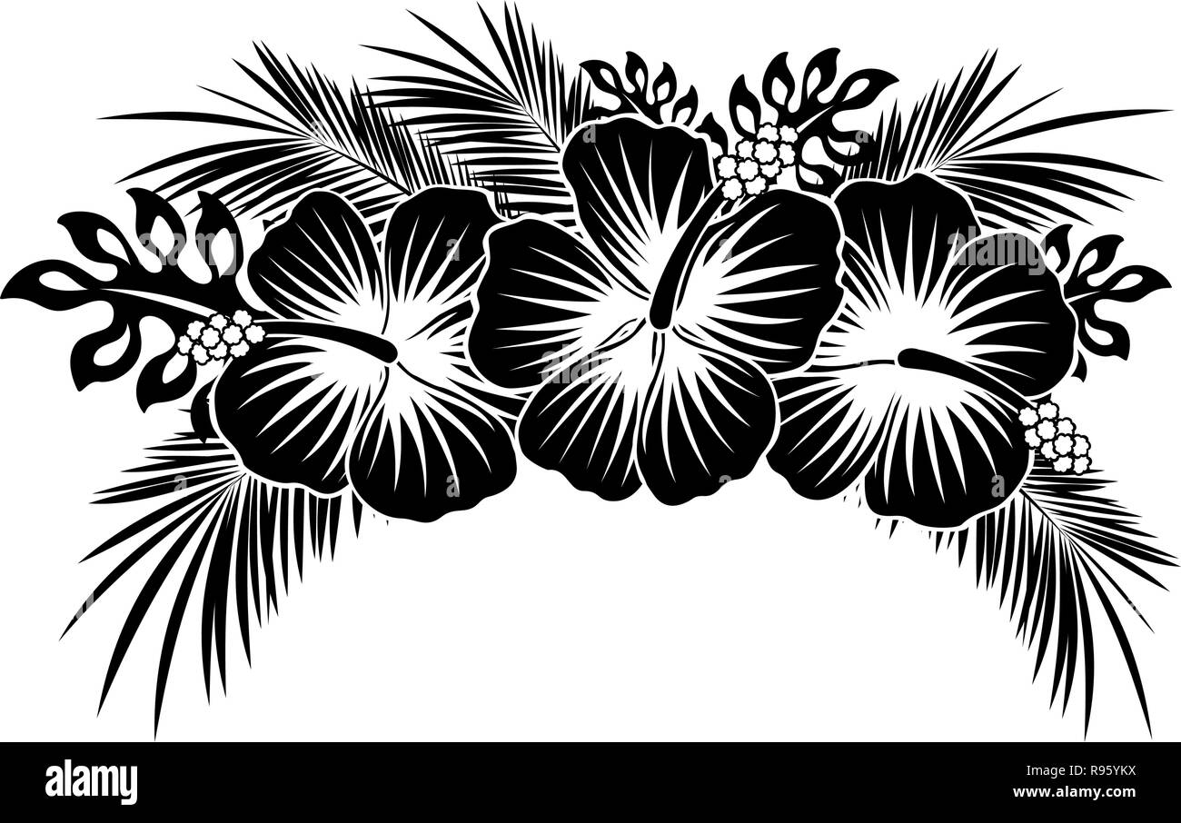 L'hibiscus avec feuilles tropicales en noir et blanc Illustration de Vecteur