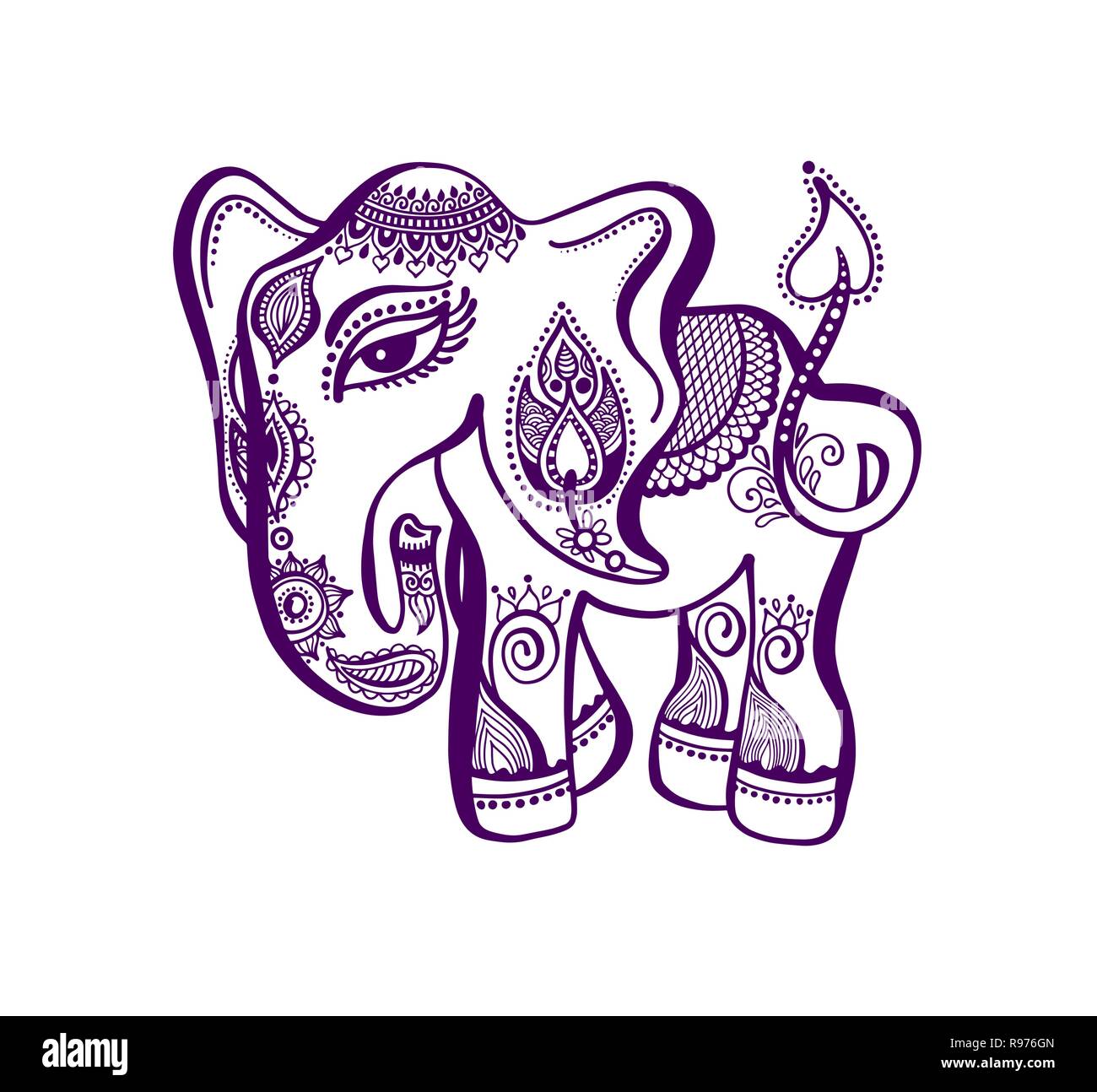 Dessin à la main de l'éléphant indien, le henné tatouage design Illustration de Vecteur