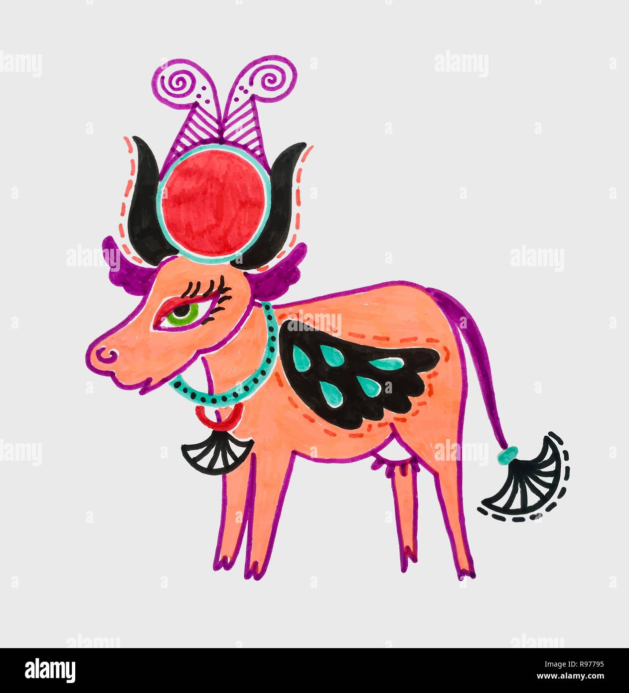 Dessin marqueur de déesse égyptienne Hathor - vache avec des ailes et s Illustration de Vecteur
