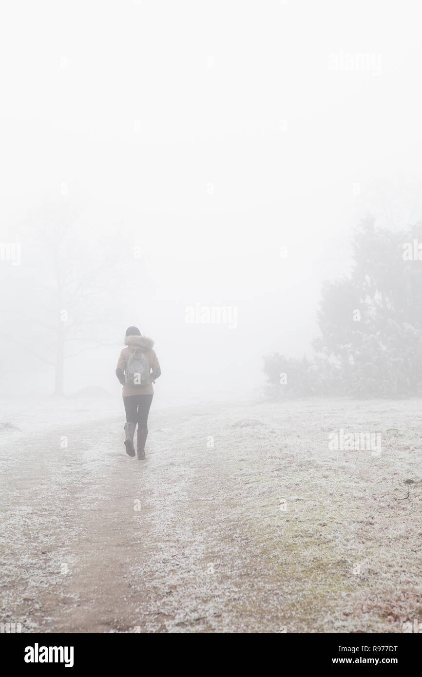 Teenage girl walking through mist dans Blekinge, Suède Banque D'Images