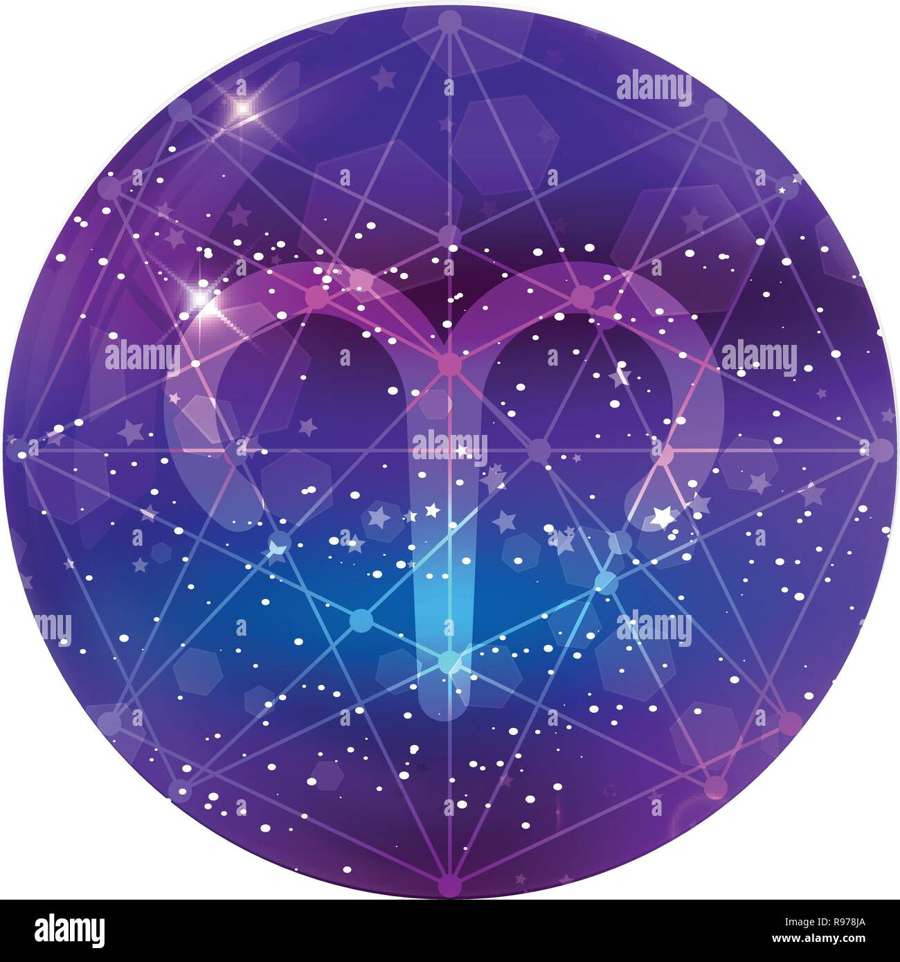 Signe Zodiaque bélier constellation cosmique et sur un ciel mauve avec des étoiles brillantes et nebula isolé sur fond blanc. Neon ram, vecteur icône web butto Illustration de Vecteur