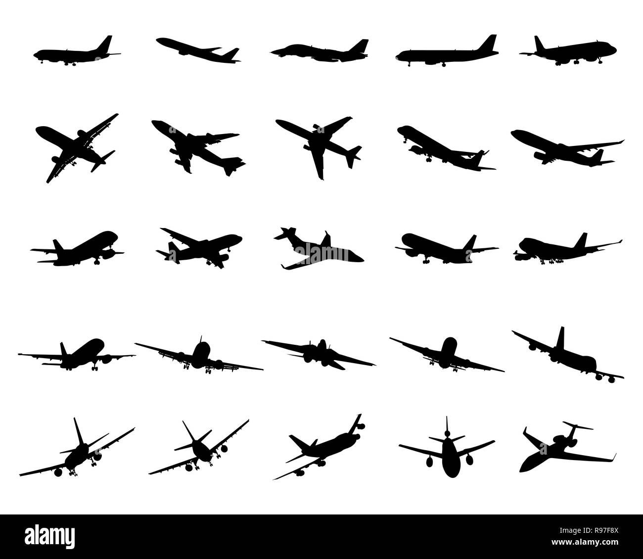 Silhouettes noires d'avions sur fond blanc Banque D'Images