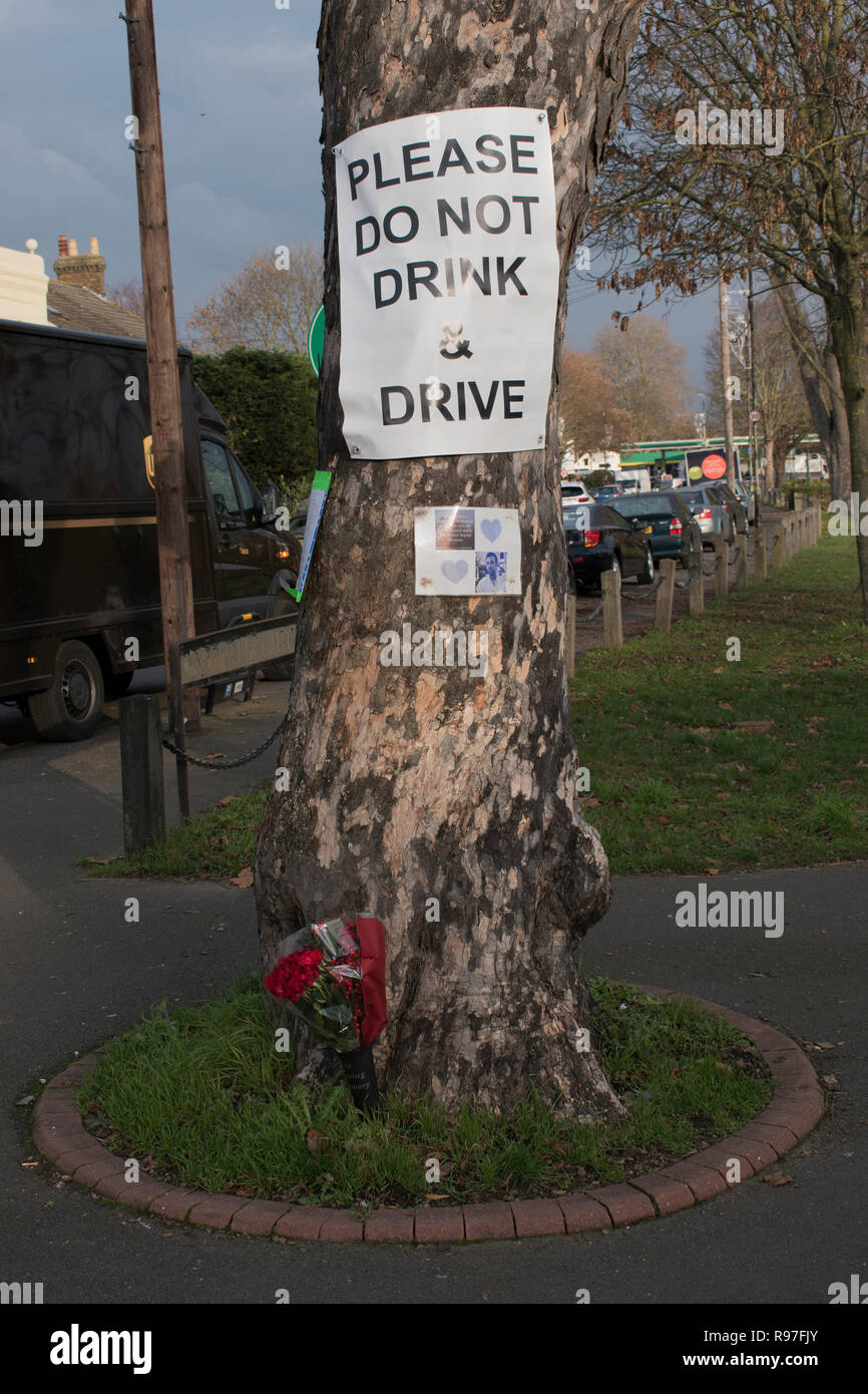 Le panneau « ne pas boire et conduire » épinglé à l'arbre où le conducteur a été tué pour conduite en état d'ébriété. Wrythe Green Carshalton Surrey. HOMER 2018 SYKES des années 2010. Banque D'Images