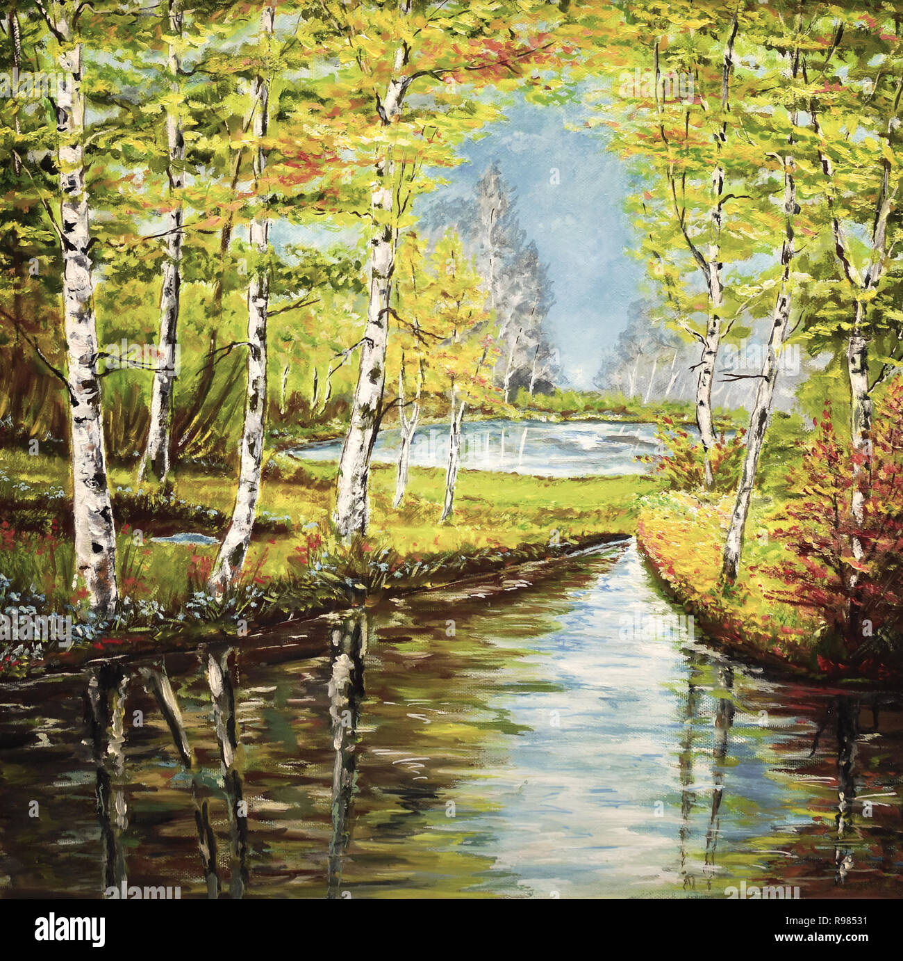 Les bouleaux photo toile huile acrylique soleil nature automne forêt de feuillus Banque D'Images
