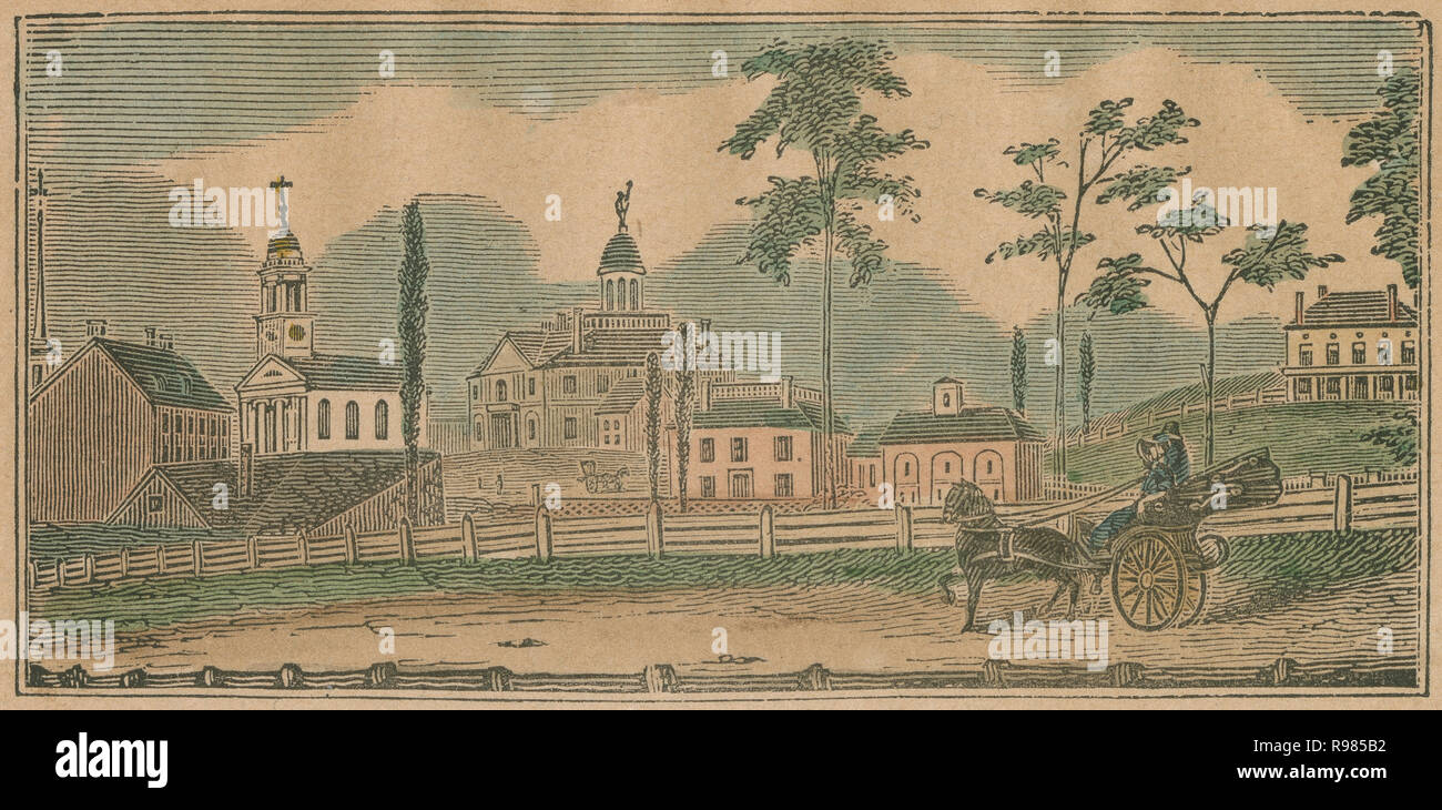 C Antique1844 gravure, voir à l'entrée nord du village de Worcester, Massachusetts, de l'ancien Boston Road. Le premier bâtiment dans le centre est le palais de justice. La prochaine est l'église unitarienne, et la flèche sur sa gauche est celle de l'église centrale. La colline, bâtiment à droite est l'hôtel particulier de Stephen Salisbury, Esq. SOURCE : gravure originale Banque D'Images