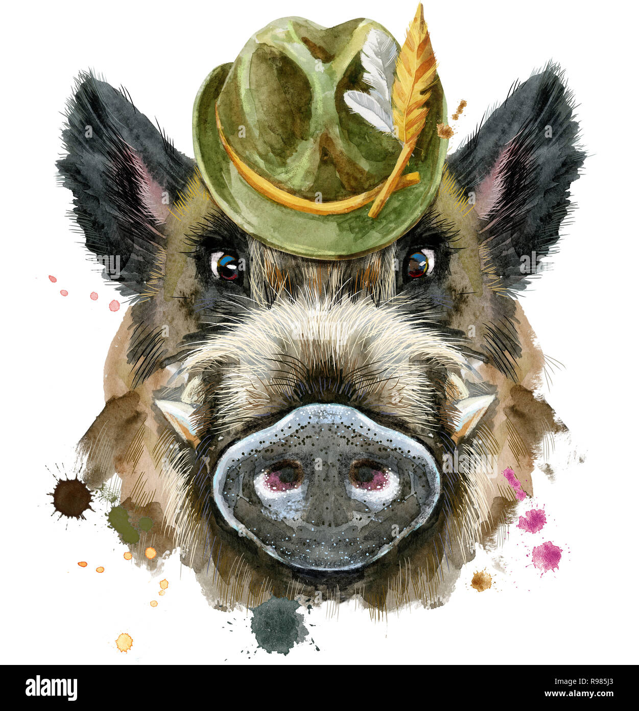 Cochon mignon chapeau vert. Le sanglier pour T-shirt graphiques. Aquarelle  brown boar illustration Photo Stock - Alamy