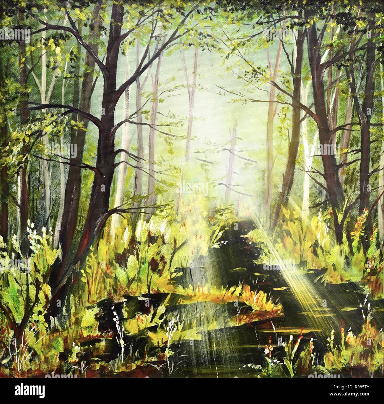 Photo toile huile acrylique soleil nature forêt de feuillus Banque D'Images