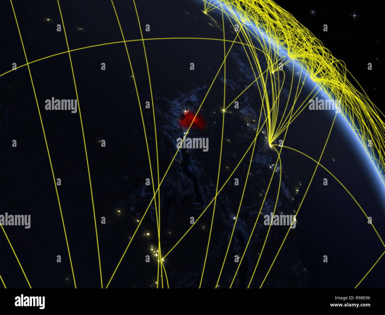 Le Rwanda à partir de l'espace sur le modèle de la planète terre dans la nuit avec un réseau. Concept de la technologie numérique, la connectivité et les voyages. 3D illustration. Éléments de Banque D'Images