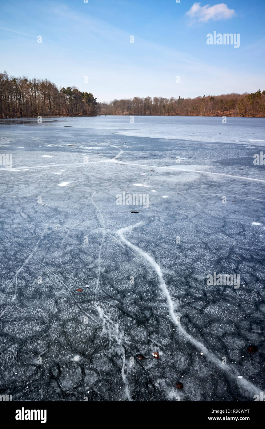 Paysage d'hiver avec un lac gelé, en Pologne. Banque D'Images
