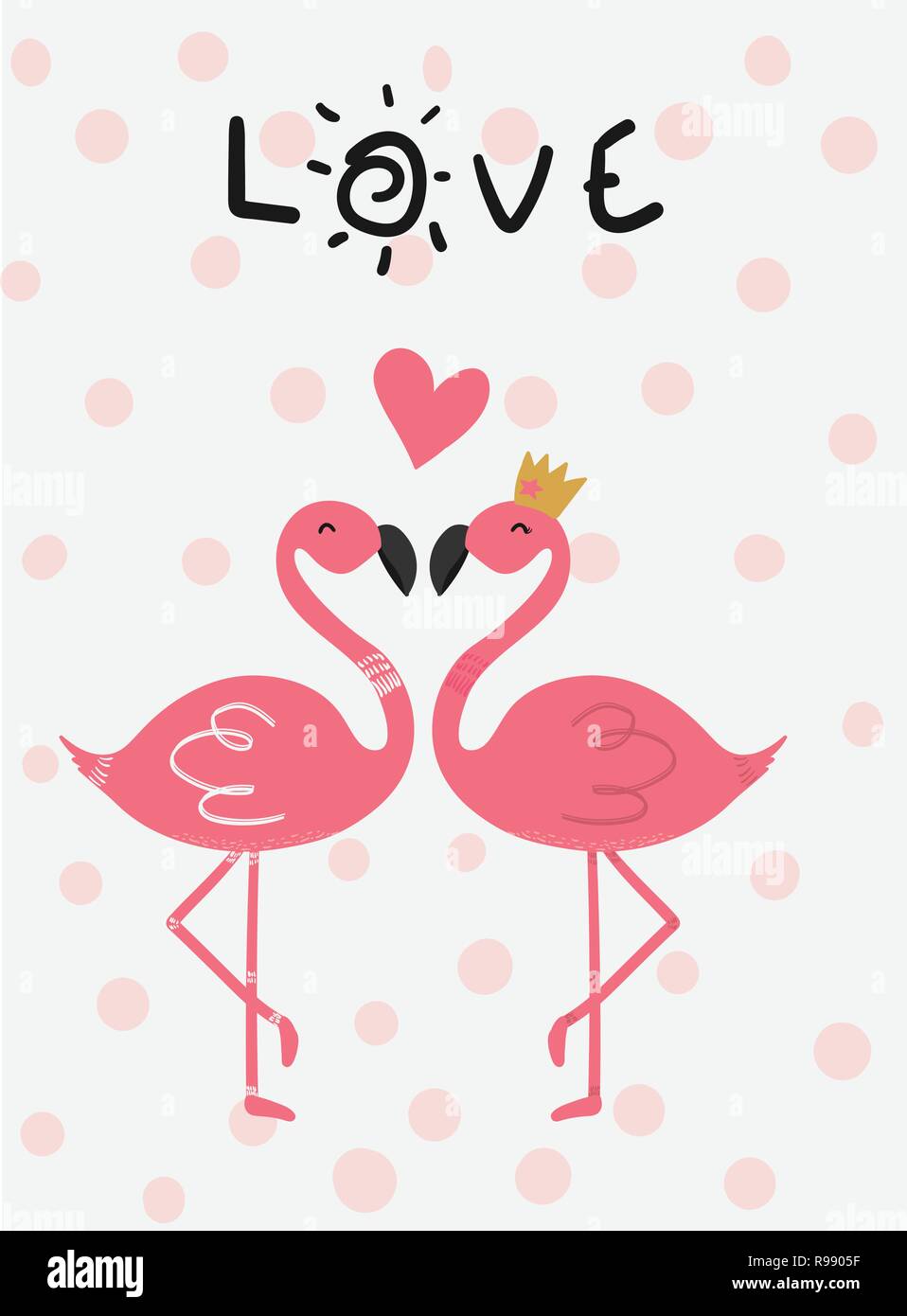 Carte amour flamand rose in love kissing vector design plat Illustration de Vecteur