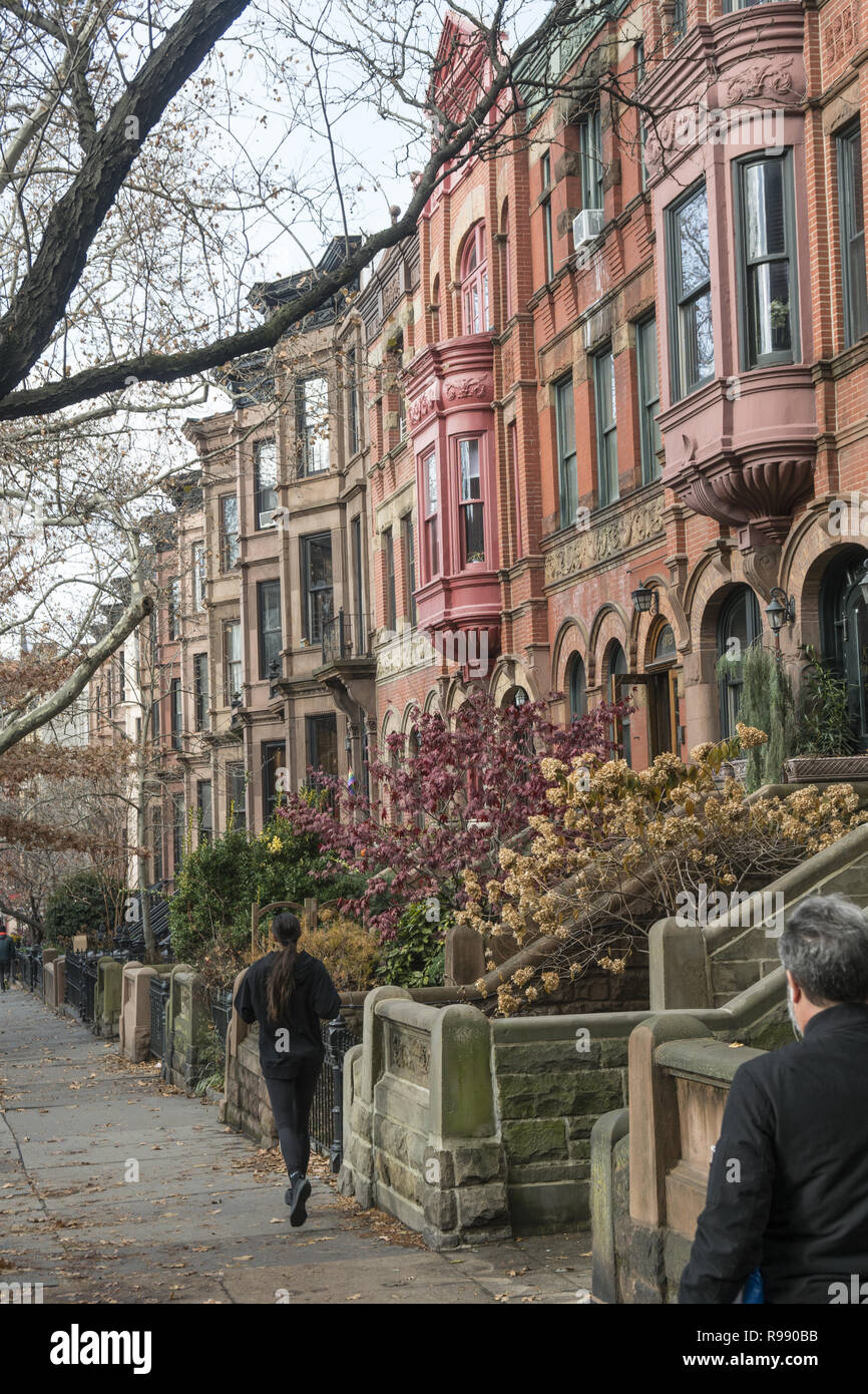 Immeuble d'appartements et maisons urbaines le long d'une rue calme Park Slope, à Brooklyn, New York. Banque D'Images