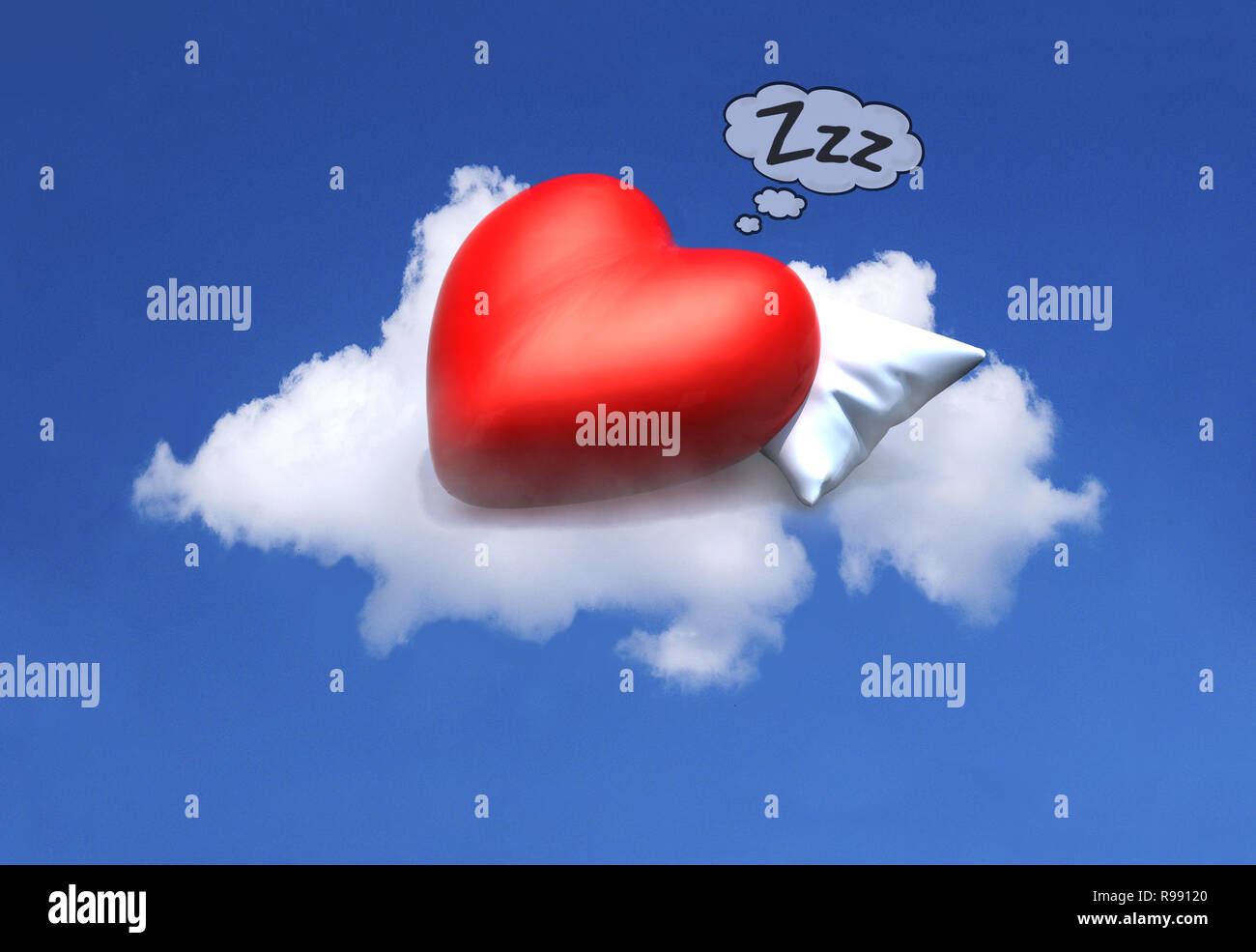 Cartoon cœur rouge reposant sur un coussin au-dessus d'un nuage sur le ciel bleu, 3d illustration Banque D'Images