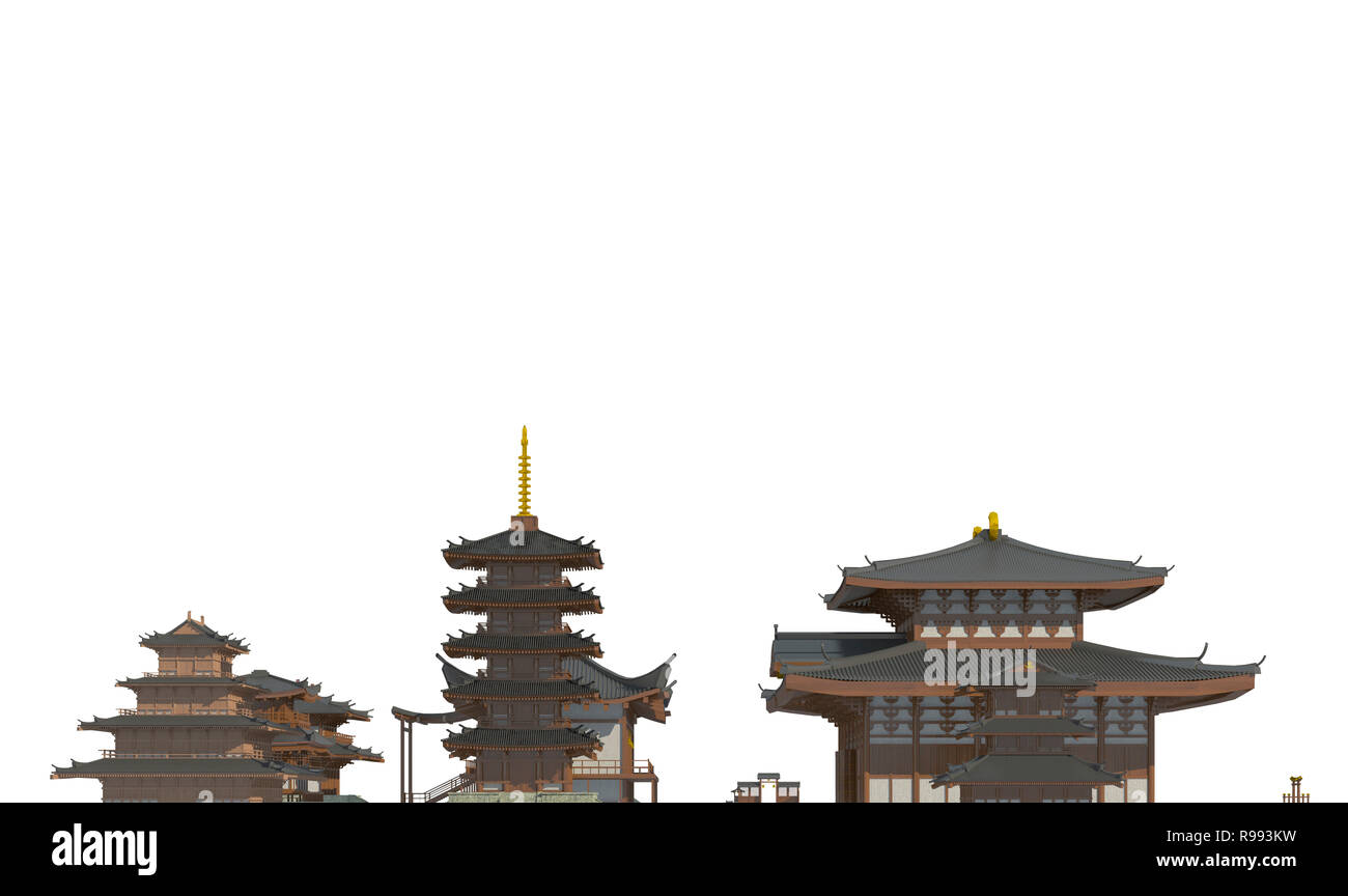 3D illustration vieux bâtiments de style traditionnel japonais isolé sur fond blanc. Aussi Edo comme Jedo romanisé, Yedo ou Yeddo, est l'ancien nam Banque D'Images