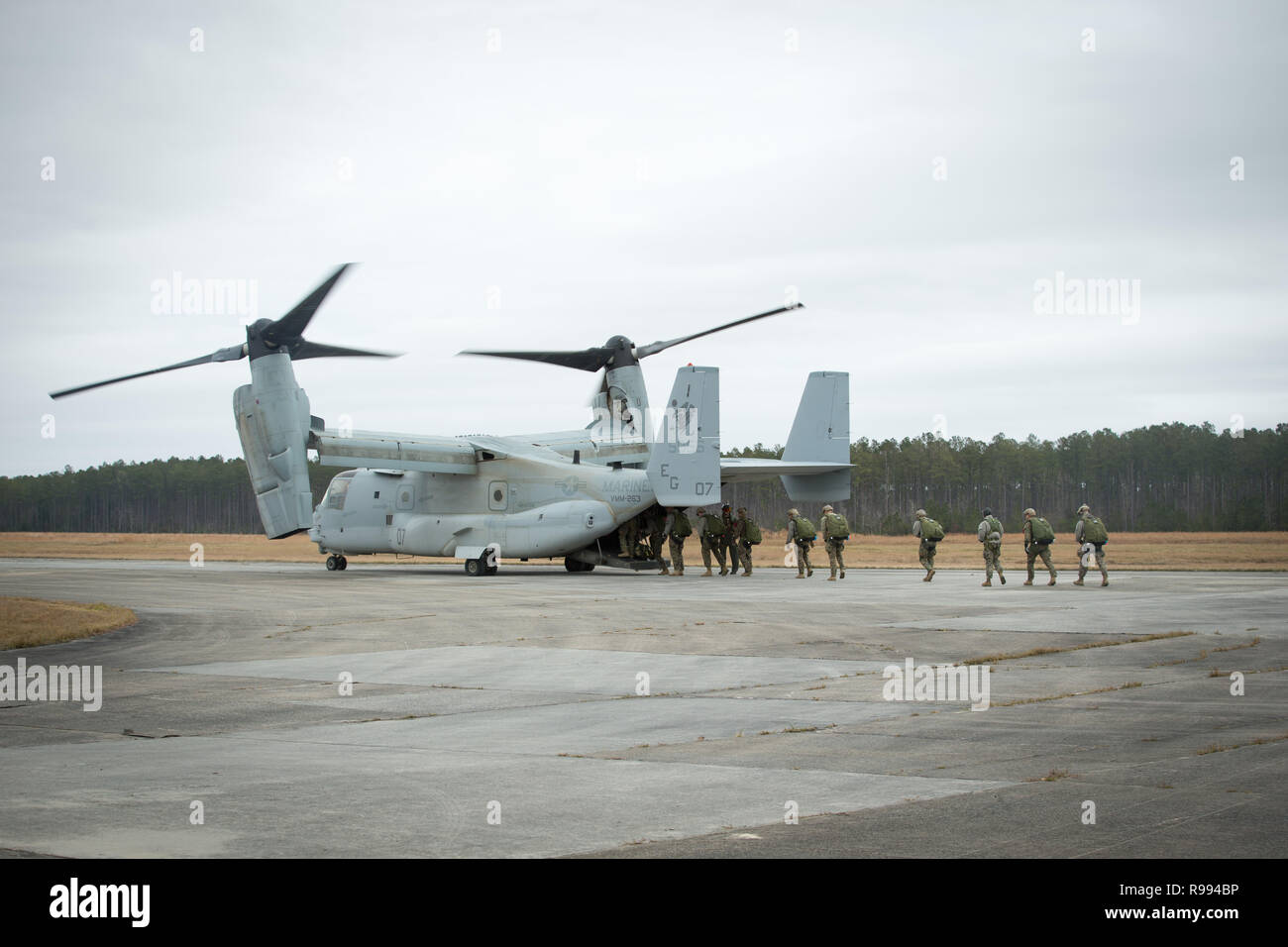 Les Marines américains du 2e Bataillon de Reconnaissance, 2e Division de marines à bord d'un MV-22 Osprey sur les corps des Marines Le Camp de Terrain Davis, N.C., le 19 décembre 2018. L'air en chute libre soutien la formation maintient et améliore l'état de préparation de la mission de reconnaissance. (U.S. Marine Corps photo par le Cpl. Angel Travis) Banque D'Images