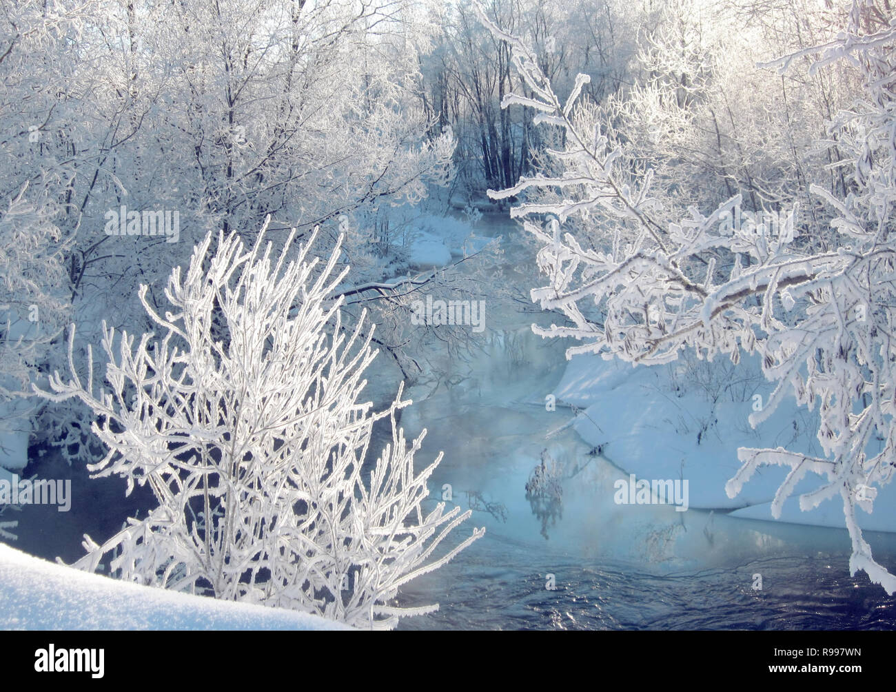 Belle fée-conte paysage d'hiver, pour carte de Noël. Rivière, ruisseau avec les banques couvertes de neige et d'arbres. Banque D'Images