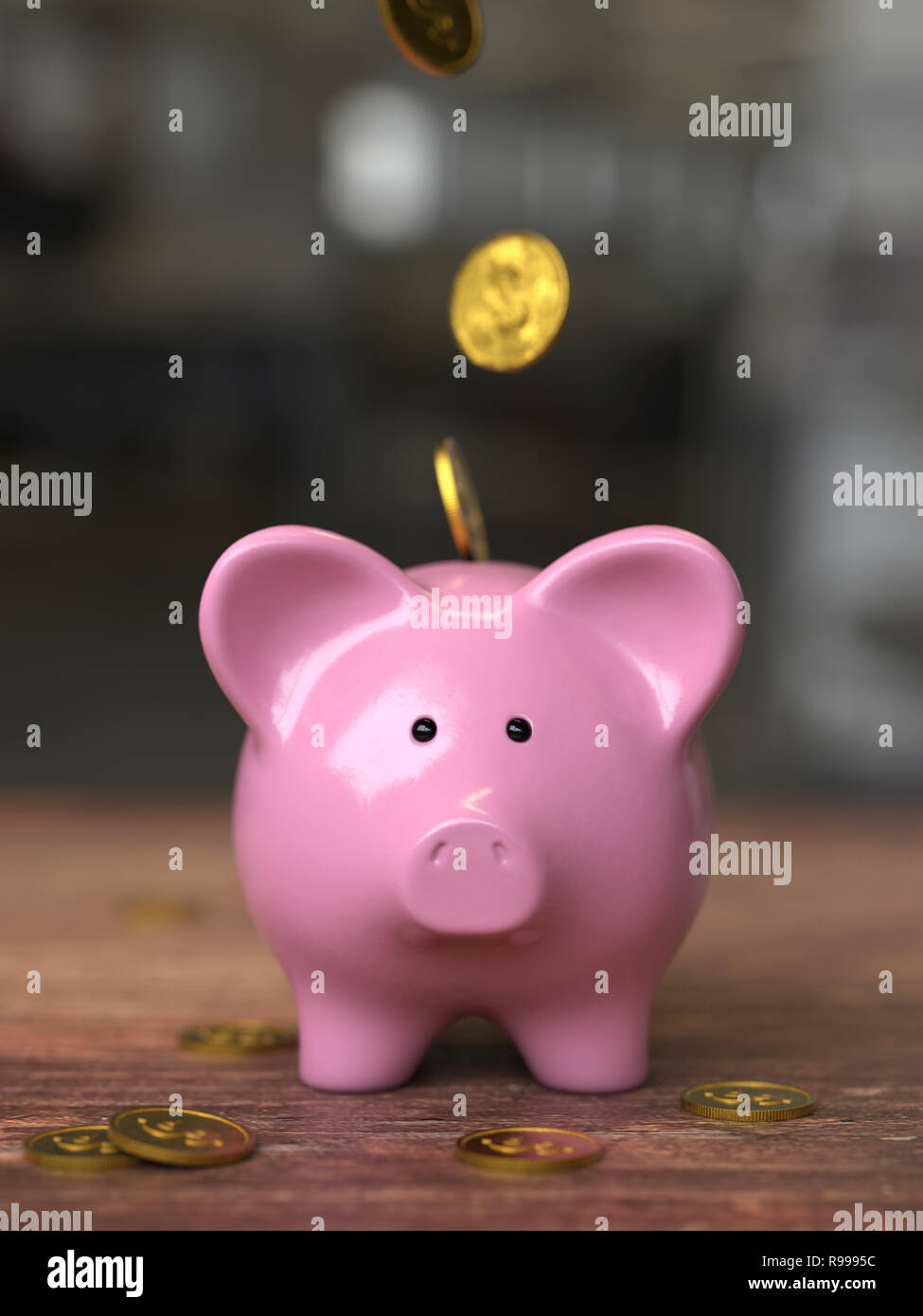 Pink piggy bank avec la chute de pièces d'or,3d rendering,image conceptuelle. Banque D'Images