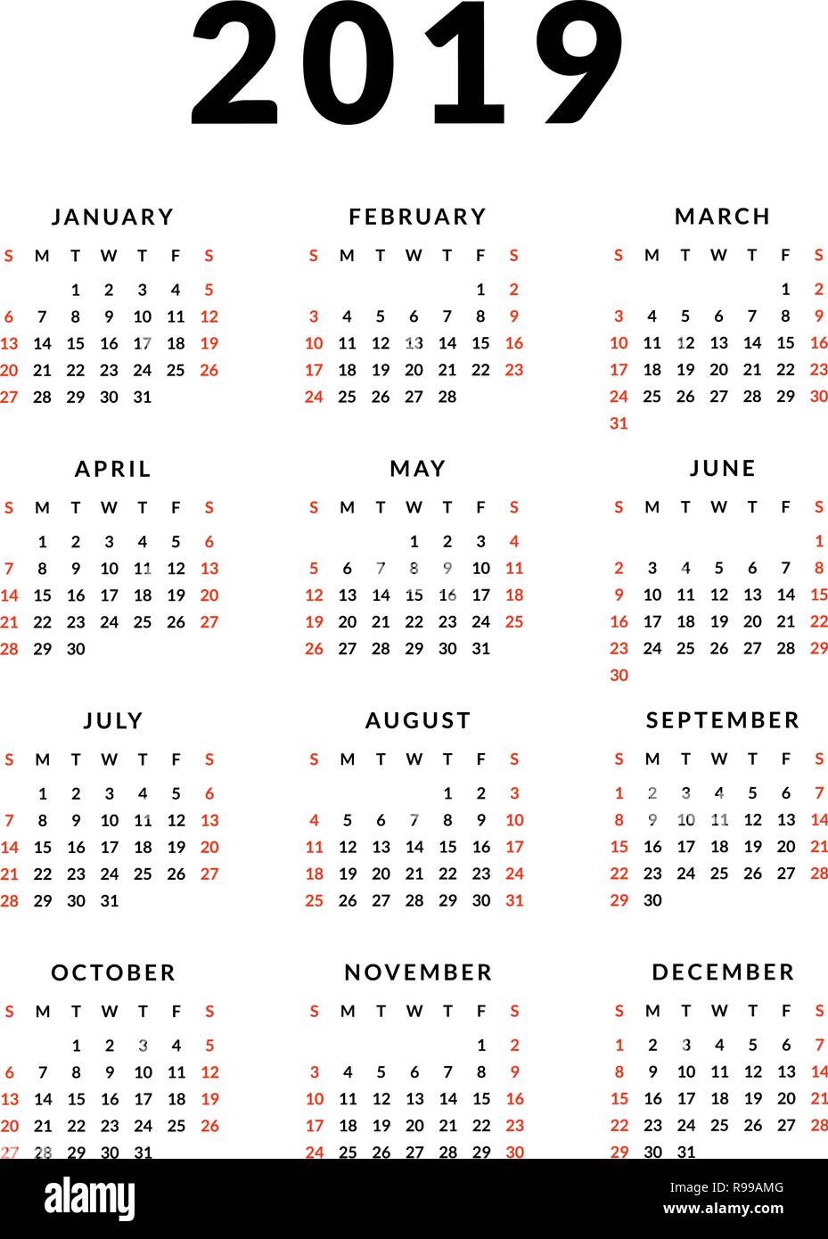 2019 simple modèle de calendrier, la semaine commence le dimanche Illustration de Vecteur