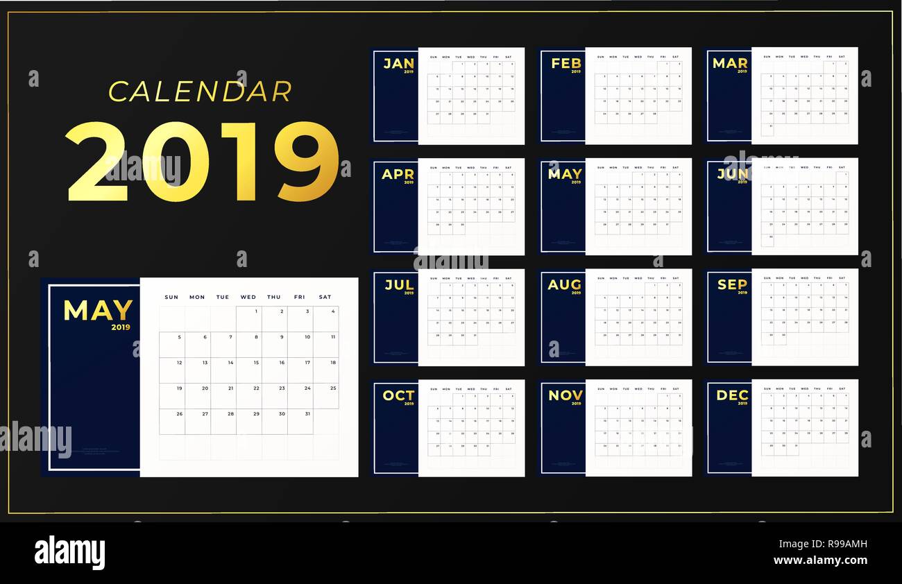 L'année 2019 tableau Modèle de calendrier. Agenda de l'horizontale avec des inscriptions dorées. Début de la semaine le dimanche Illustration de Vecteur