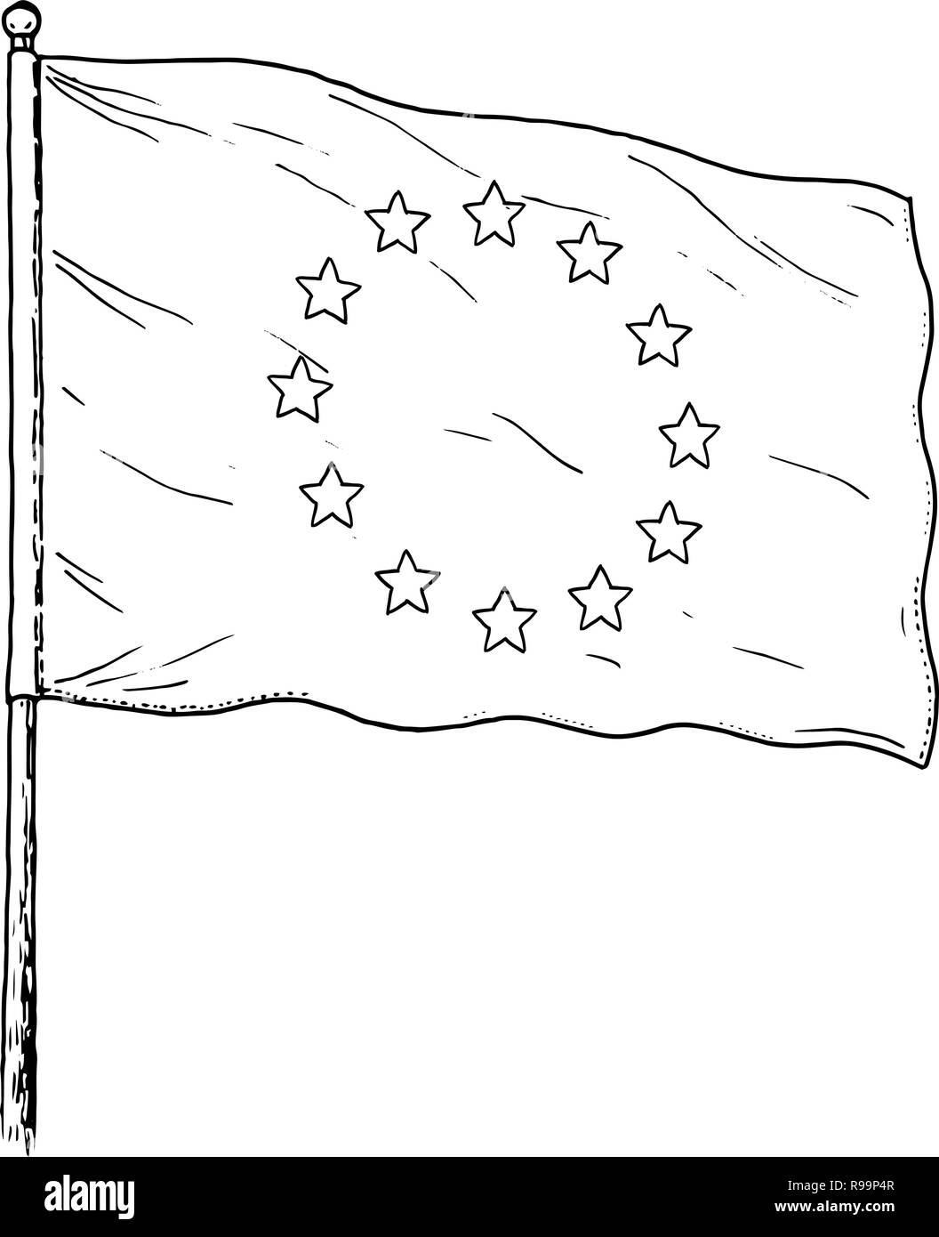 Drapeau de l'Union européenne - dessin vintage comme illustration du pavillon de l'UE. Bannière monochromatique contour sur fond blanc. Illustration de Vecteur
