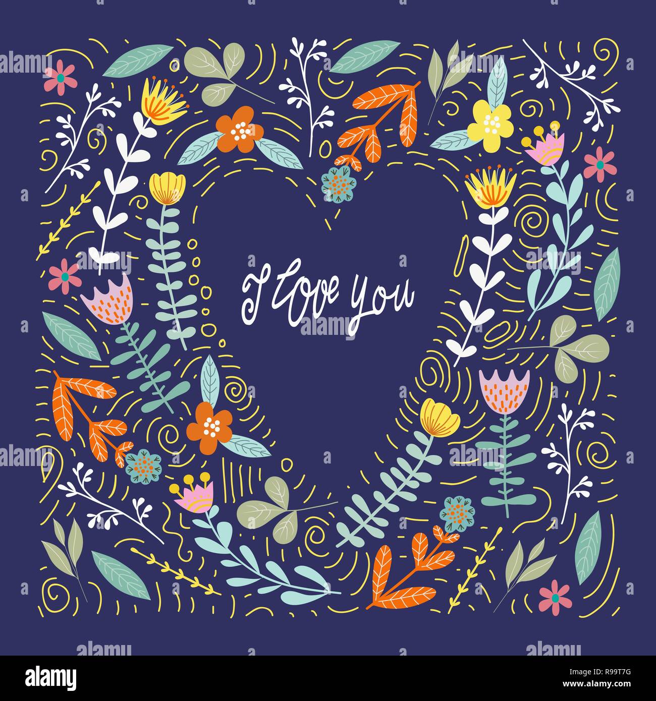 Je vous aime, résumé doodle des fleurs et des feuilles en forme de cœur avec part attirer lettrage, télévision vector illustration Illustration de Vecteur