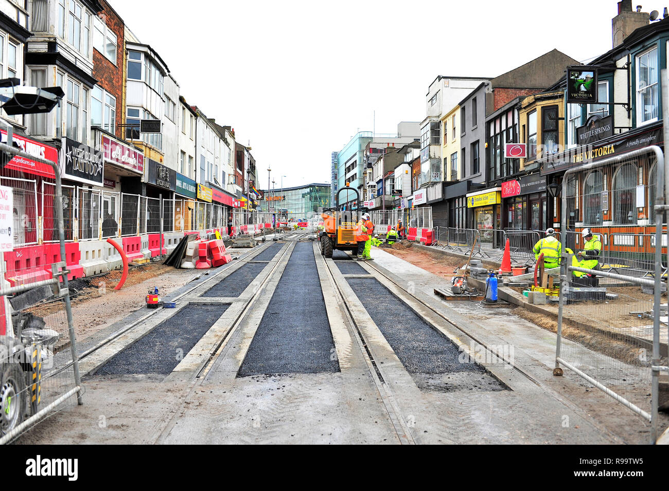 L'aménagement d'une nouvelle voie de tramway pour le tramway extention entre North Pier et Blackpool North Railway Station Banque D'Images